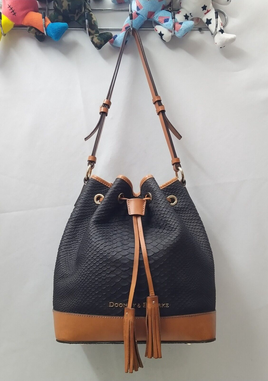 Dooney & Bourke Black Leather Snakeskin Embossed Drawstring Shoulder Bag